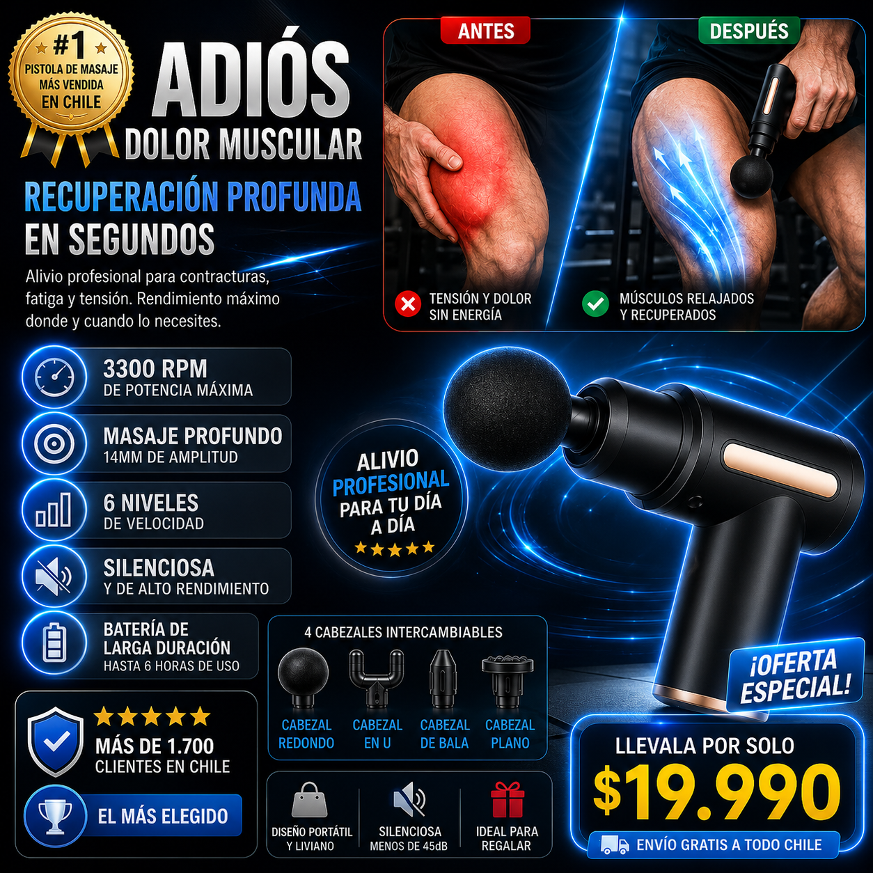 Pistola de Masaje Percusión Profesional ⚡ Alivio Muscular Instantáneo